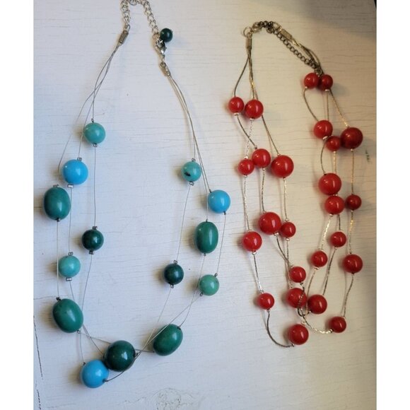 Bundle of Two Beaded Necklaces, Turquoise Blue, Green, Red, Silver Tone - Picture 1 of 4